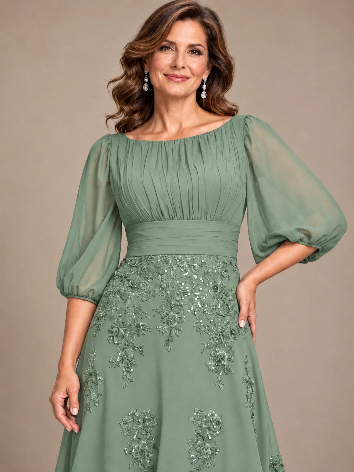 A-Line Mother of the Bride Dress with Sheer Puff Sleeves