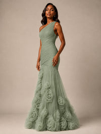 Blush Pink One Shoulder 3D Floral Mermaid Prom Dress