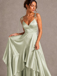 Lavender Satin V-Neck Ruffle Maxi Dress