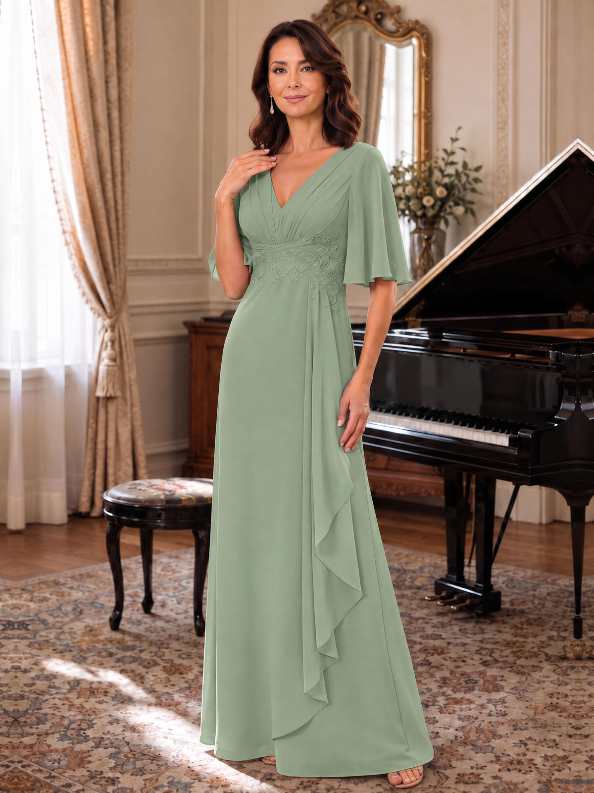 V-Neck Chiffon Lace Mother of the Bride Dresses