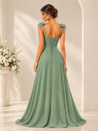 Ruffle Slit Chiffon A Line Scoop Neck Bridesmaid Dresses with Pockets