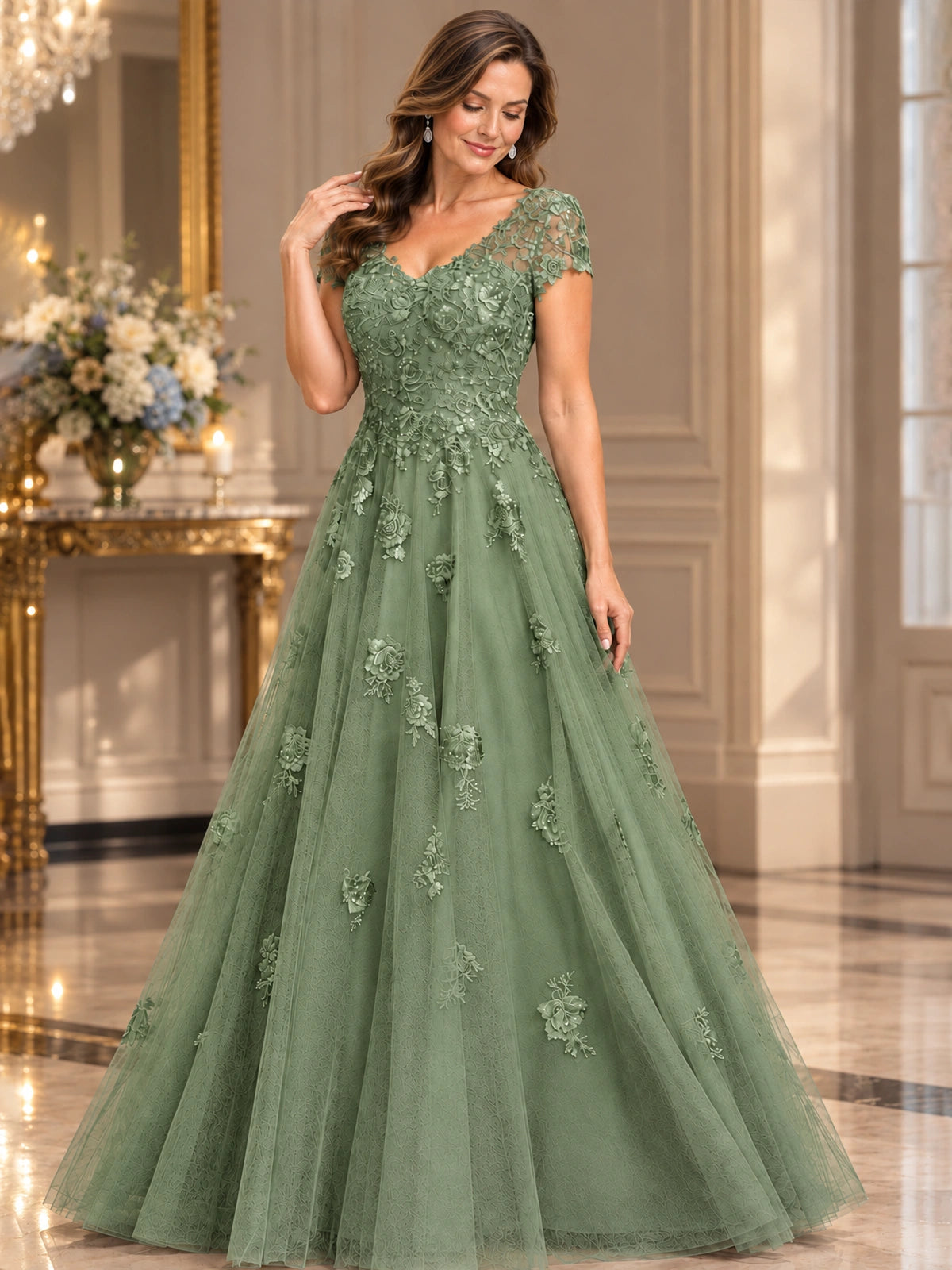 Lace Appliques A-line Mother of The Bride Dresses with Short Sleeves
