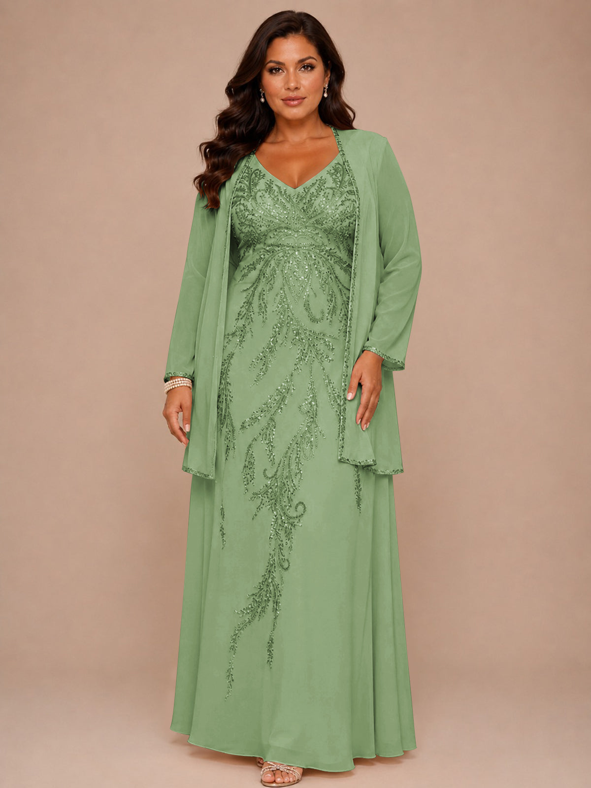 Champagne Beaded Chiffon Mother of the Bride Dress with Jacket V-Neck Gown