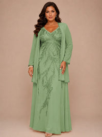 Champagne Beaded Chiffon Mother of the Bride Dress with Jacket V-Neck Gown