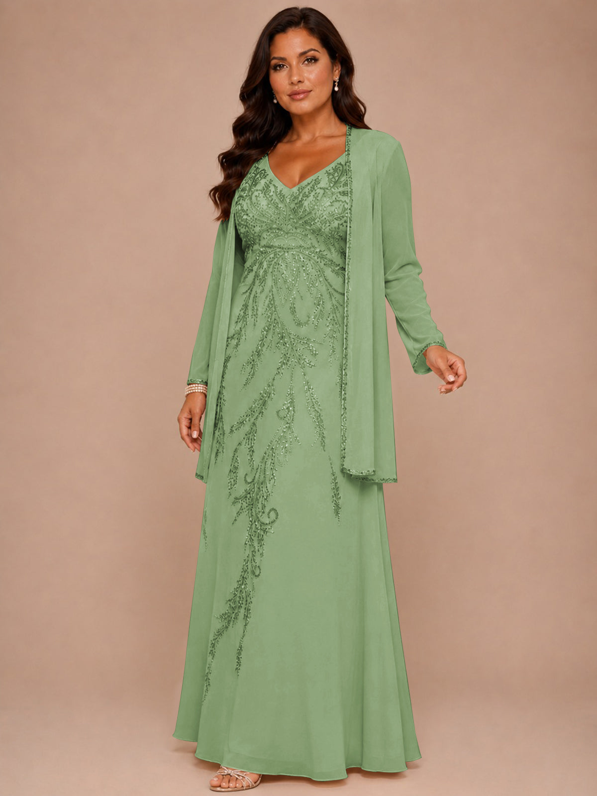 Champagne Beaded Chiffon Mother of the Bride Dress with Jacket V-Neck Gown
