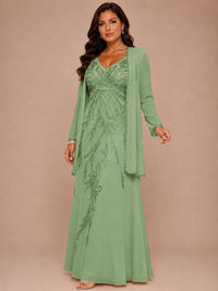 Champagne Beaded Chiffon Mother of the Bride Dress with Jacket V-Neck Gown