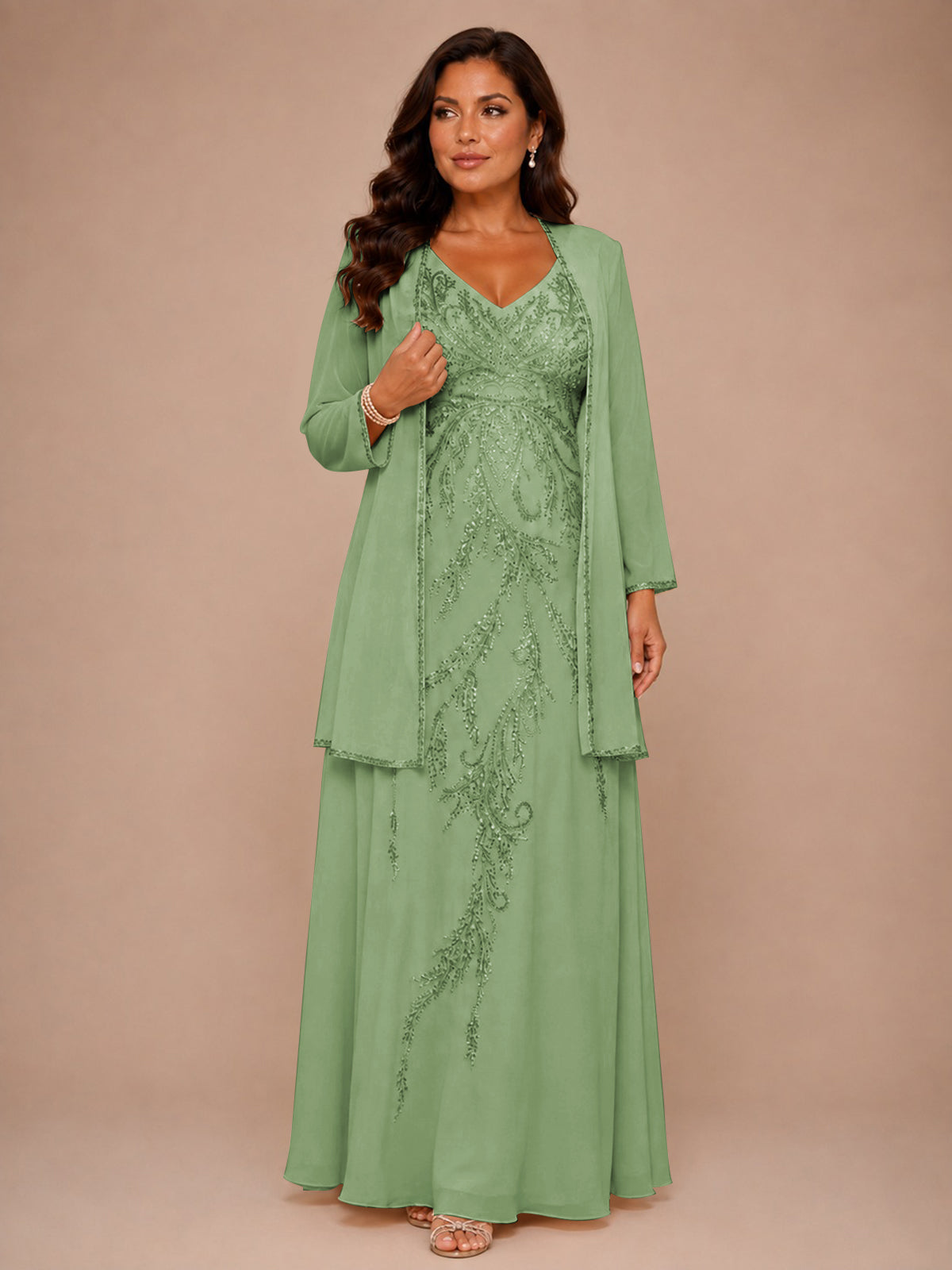 Champagne Beaded Chiffon Mother of the Bride Dress with Jacket V-Neck Gown