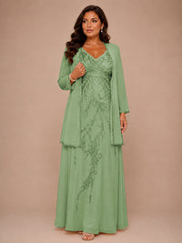 Champagne Beaded Chiffon Mother of the Bride Dress with Jacket V-Neck Gown