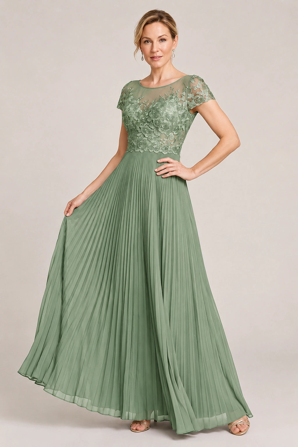 Embroidered Lace Pleated Mother of the Bride Dress