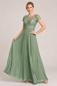 Embroidered Lace Pleated Mother of the Bride Dress