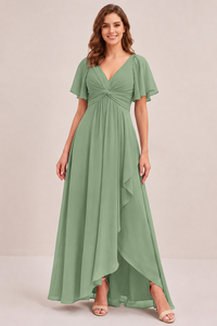 Dusty Blue Chiffon Bridesmaid Dress with Flutter Sleeves & High-Low Hem