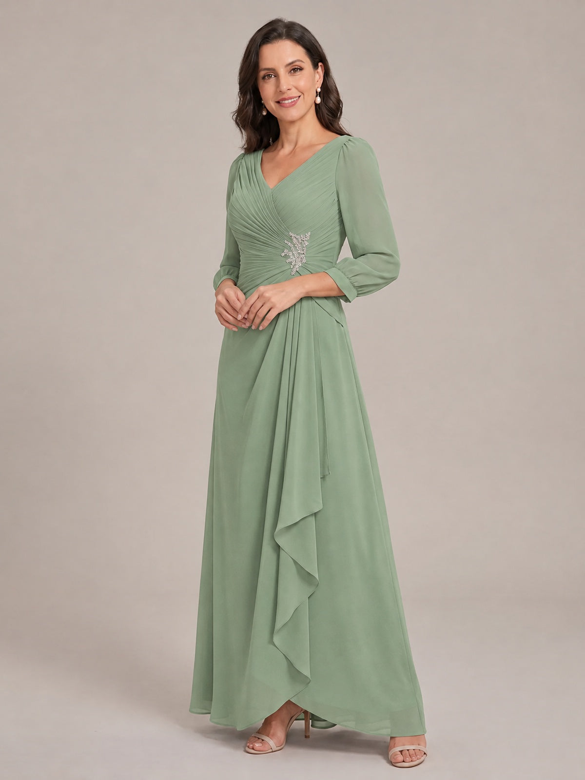 V-Neck Pleated Chiffon Mother of the Bride Dress with Flutter Sleeves