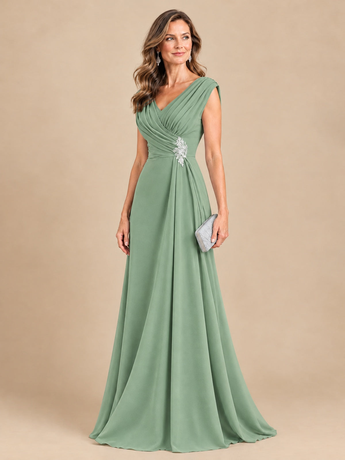 V Neck Pleated Mother of The Bride Dresses with Beading Cap Sleeves