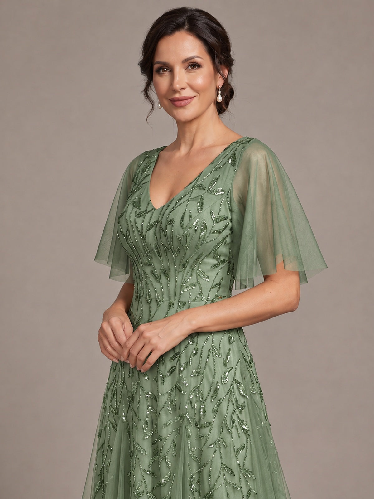 V-Neck Sequin Tulle Mother of the Bride Dress with Flutter Sleeve