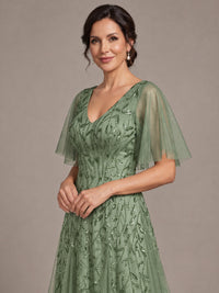 V-Neck Sequin Tulle Mother of the Bride Dress with Flutter Sleeve