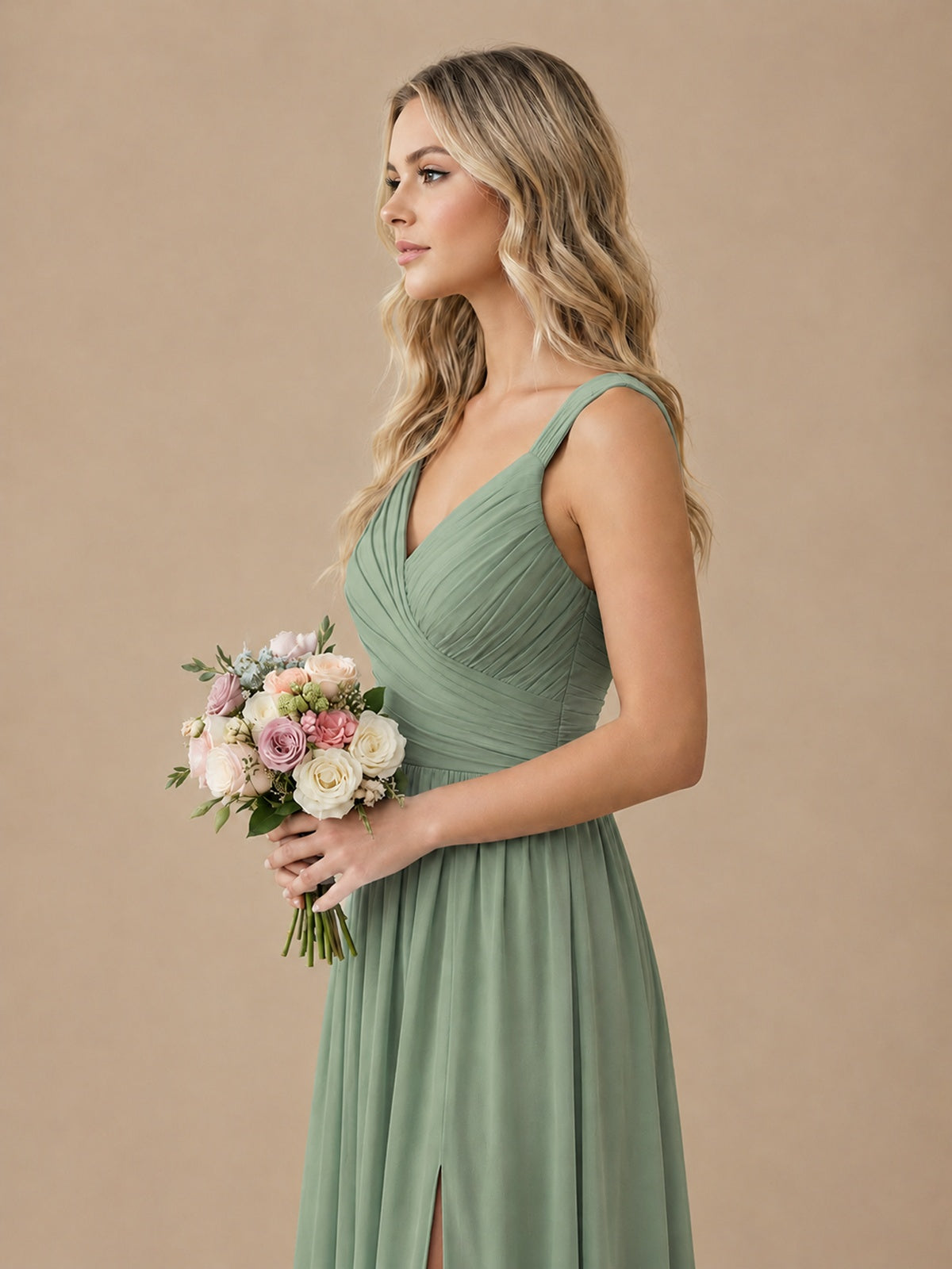 Pleated Chiffon V Neck Wedding Bridesmaid Dresses Floor Length with Slit