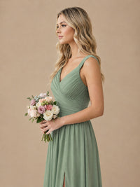Pleated Chiffon V Neck Wedding Bridesmaid Dresses Floor Length with Slit