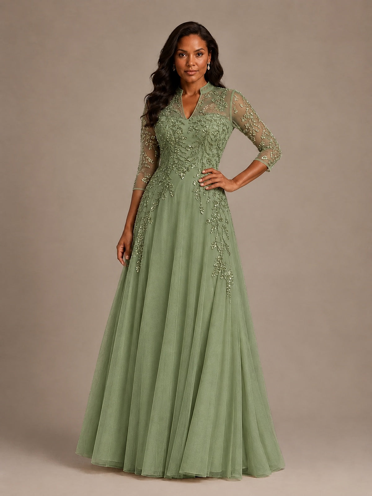 Embellished Appliques Mother of the Bride Dress with 3/4 Sleeves