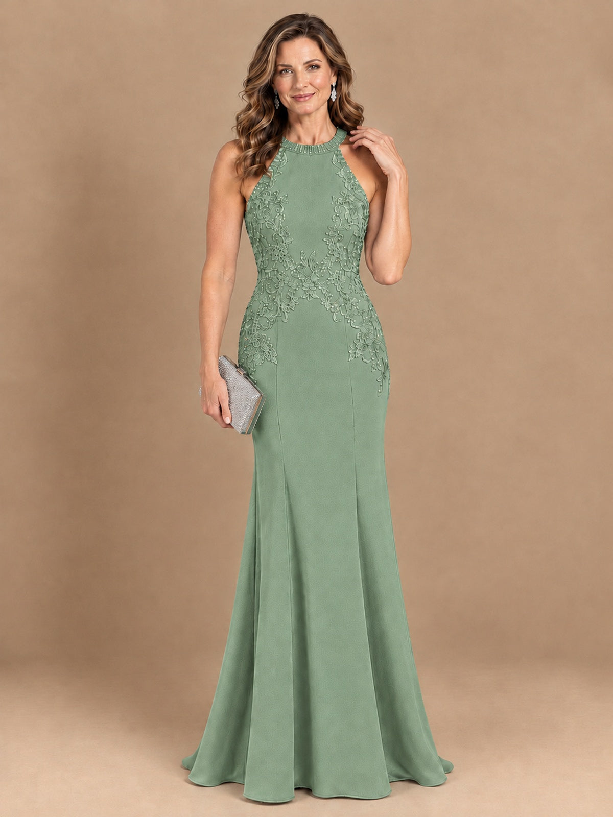 Halter Neckline Lace Appliques Mother of The Bride Dresses