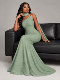Pleated Chiffon Lace Prom Dresses Long Bodycon Mermaid with Scarf
