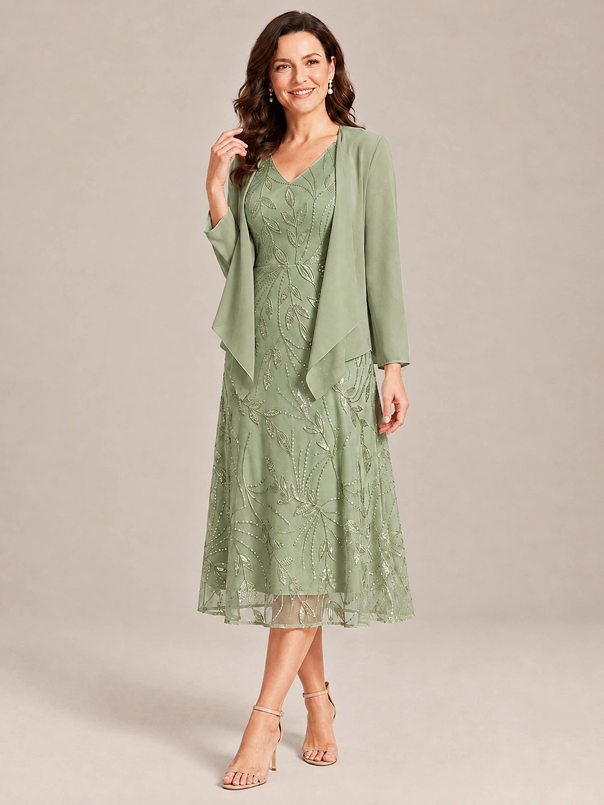 Tea Length Sequin Lace Mother of the Bride Dress with Chiffon Jacket