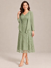 Tea Length Sequin Lace Mother of the Bride Dress with Chiffon Jacket