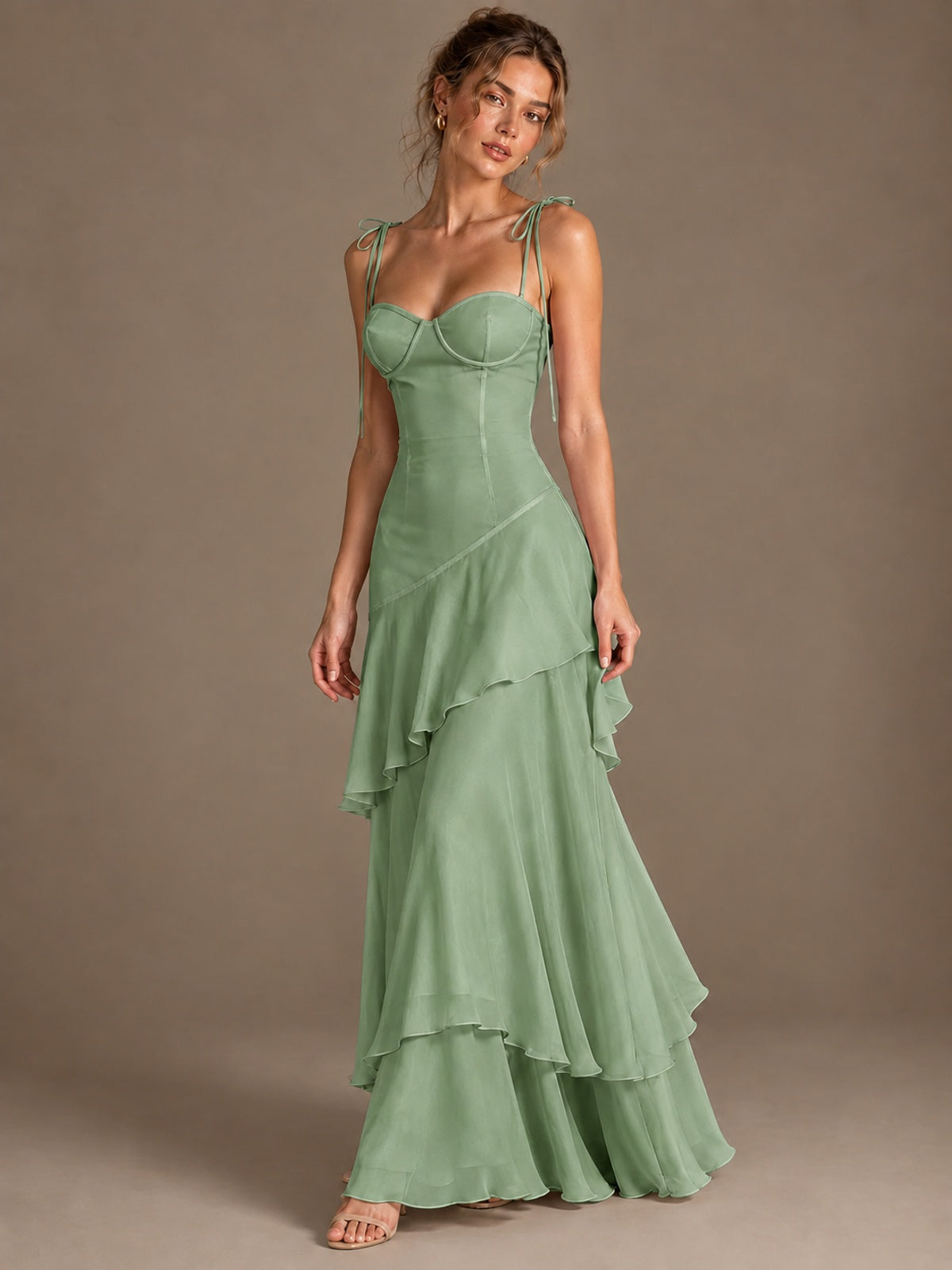 Spaghetti Strap Tiered Ruffles Chiffon Prom Dress