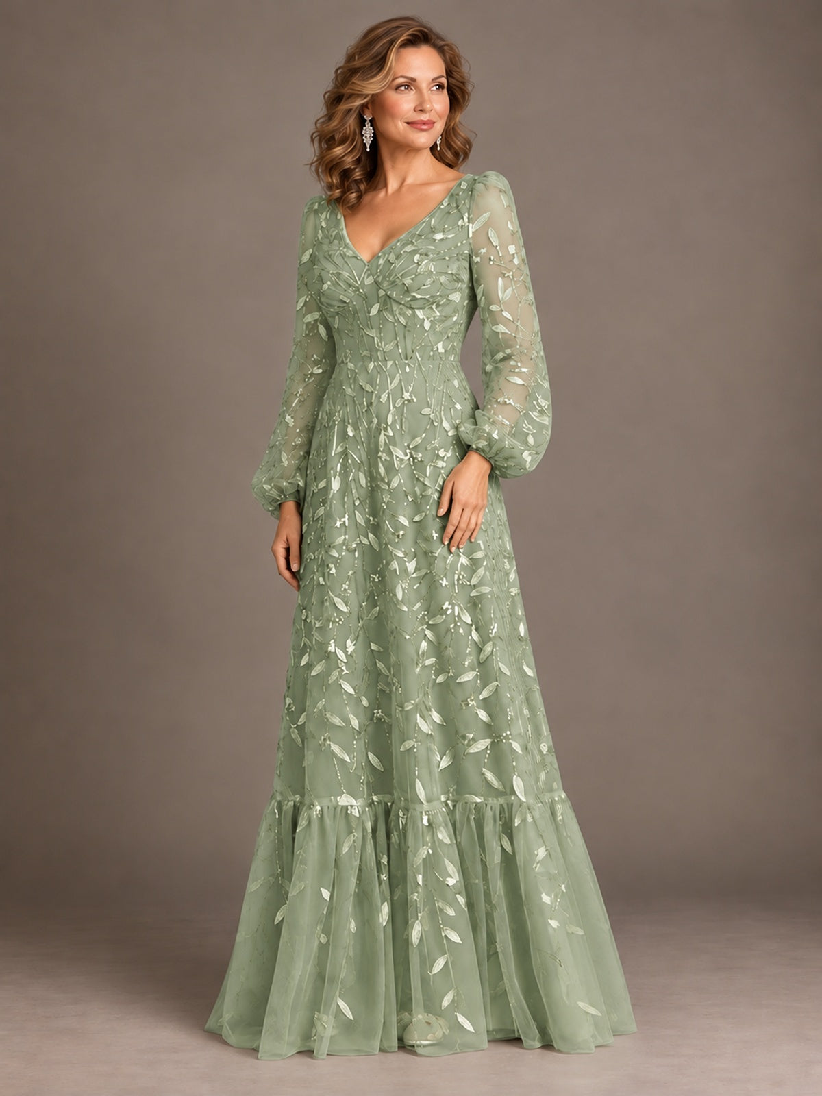 Floral Sequin Embroidered A-Line Mother of the Bride Dress with Long Sleeves