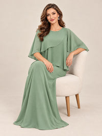 Cape Sleeve Mother of the Bride Dress with Asymmetrical Overlay