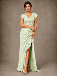 V-Neck Floral Jacquard Mother of the Bride Dress with Slit