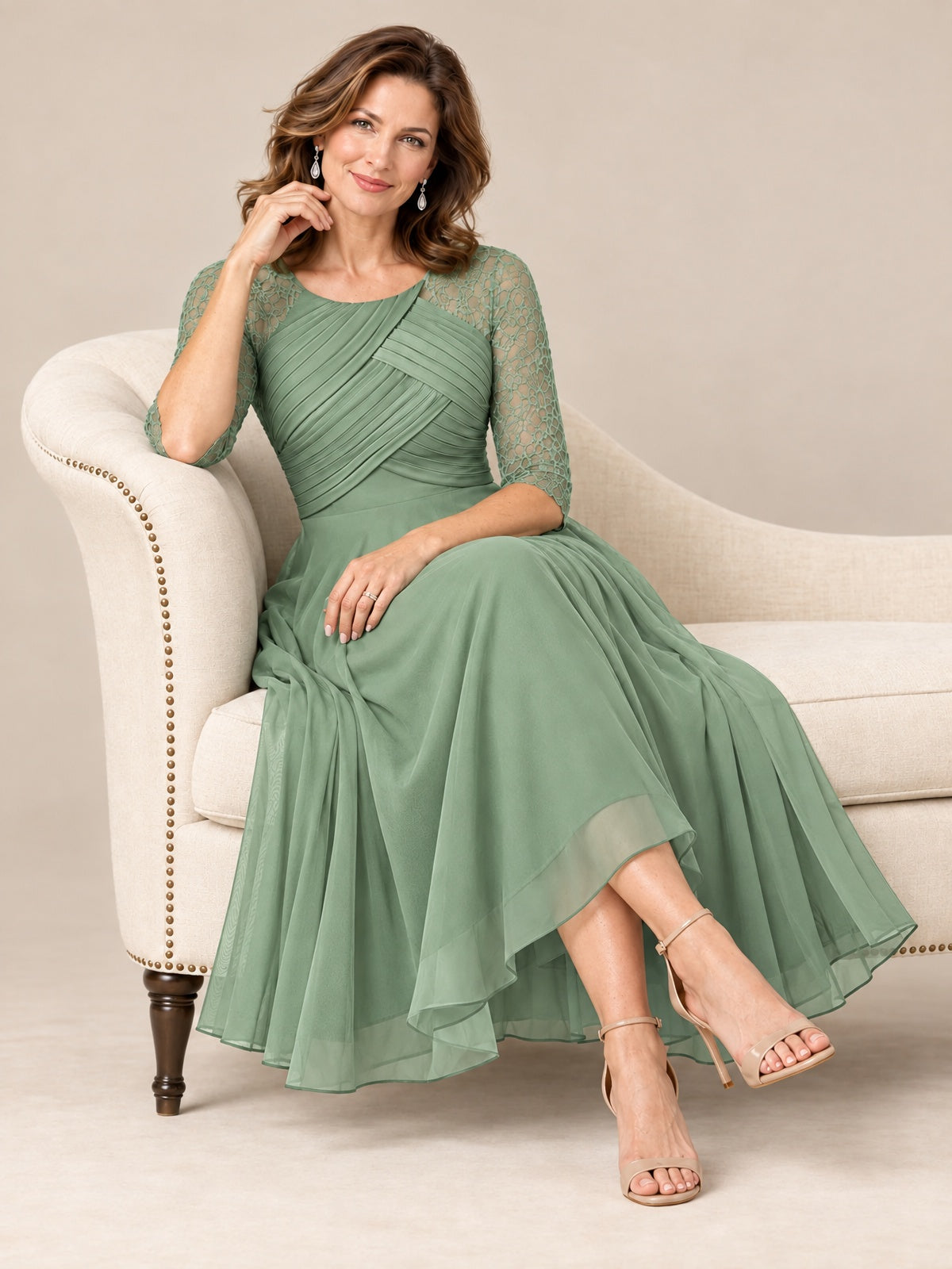 Tea-Length Mother of the Bride Dress with Lace 3/4 Sleeves