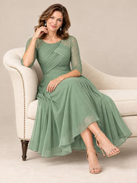Tea-Length Mother of the Bride Dress with Lace 3/4 Sleeves