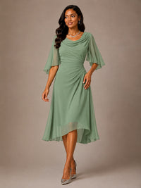 Cowl Neck Ruched Chiffon Mother of the Bride Dresses with Flutter Sleeves