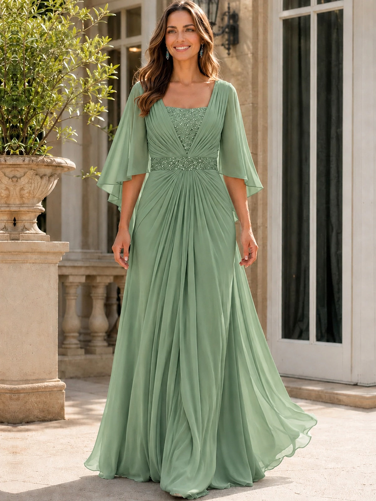 Elegant V-Neck Sequined Chiffon Mother of the Bride Dress with Flutter Sleeves