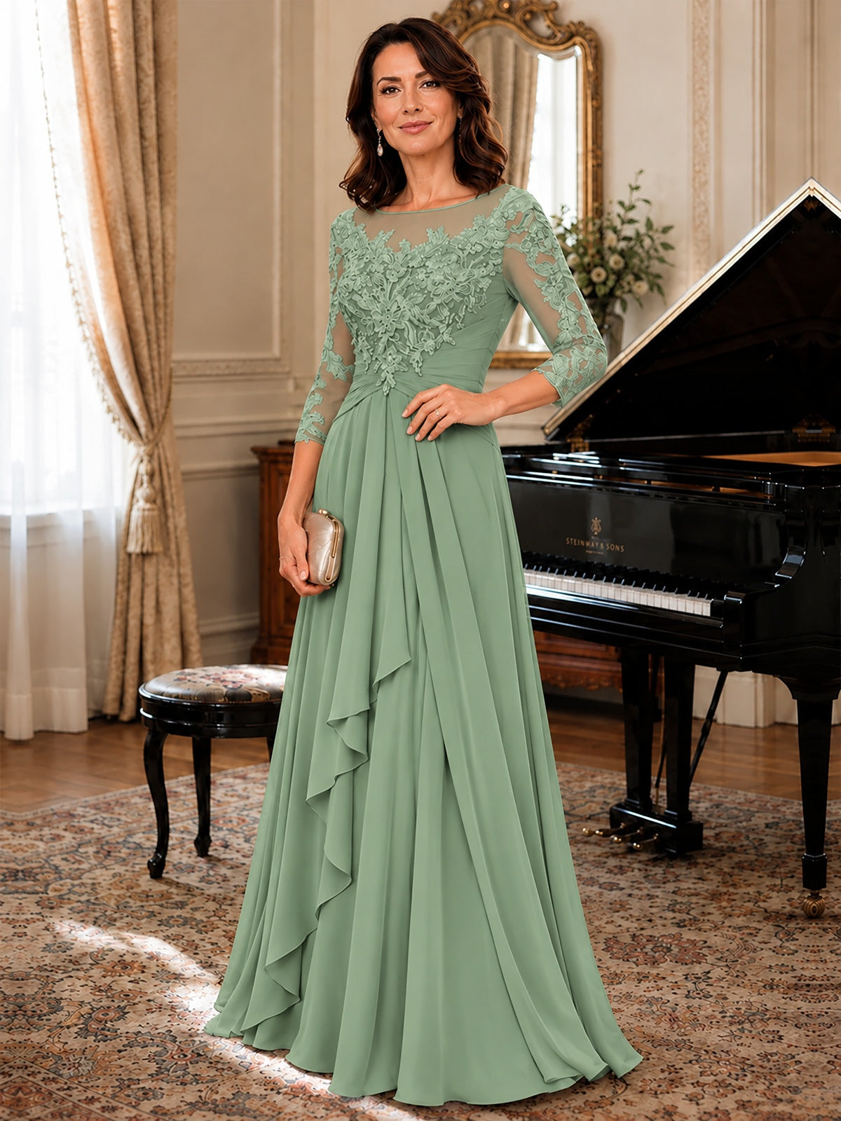 A-Line Chiffon Mother of the Bride Dress with Floral Applique 3/4 Sleeves