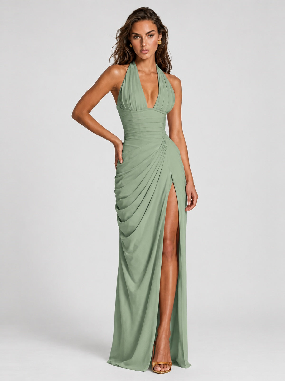 Ruched Halter Neck High-Slit Prom & Evening Dress