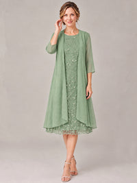 Tea Length Sequin Lace Mother of The Bride Dress with Chiffon Jacket