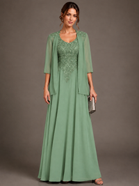 A-line 2 Pieces Chiffon Appliques Mother of The Bride Dresses with Jackets