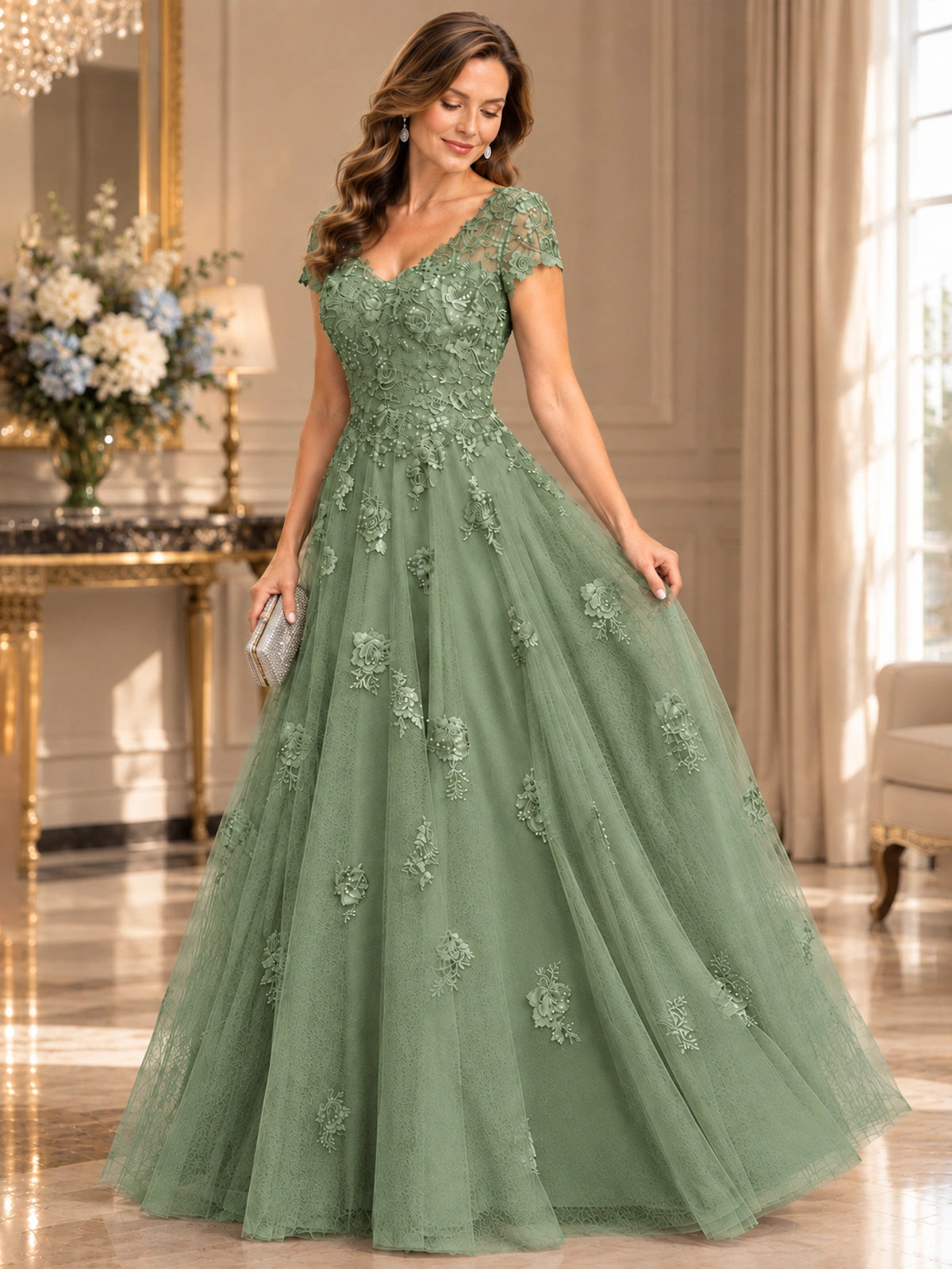Lace Appliques A-line Mother of The Bride Dresses with Short Sleeves