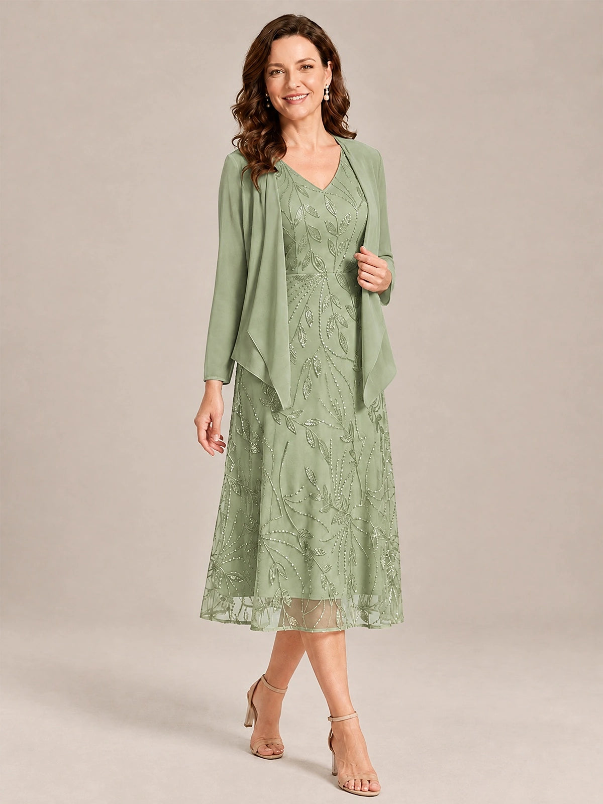 Tea Length Sequin Lace Mother of the Bride Dress with Chiffon Jacket