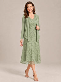 Tea Length Sequin Lace Mother of the Bride Dress with Chiffon Jacket