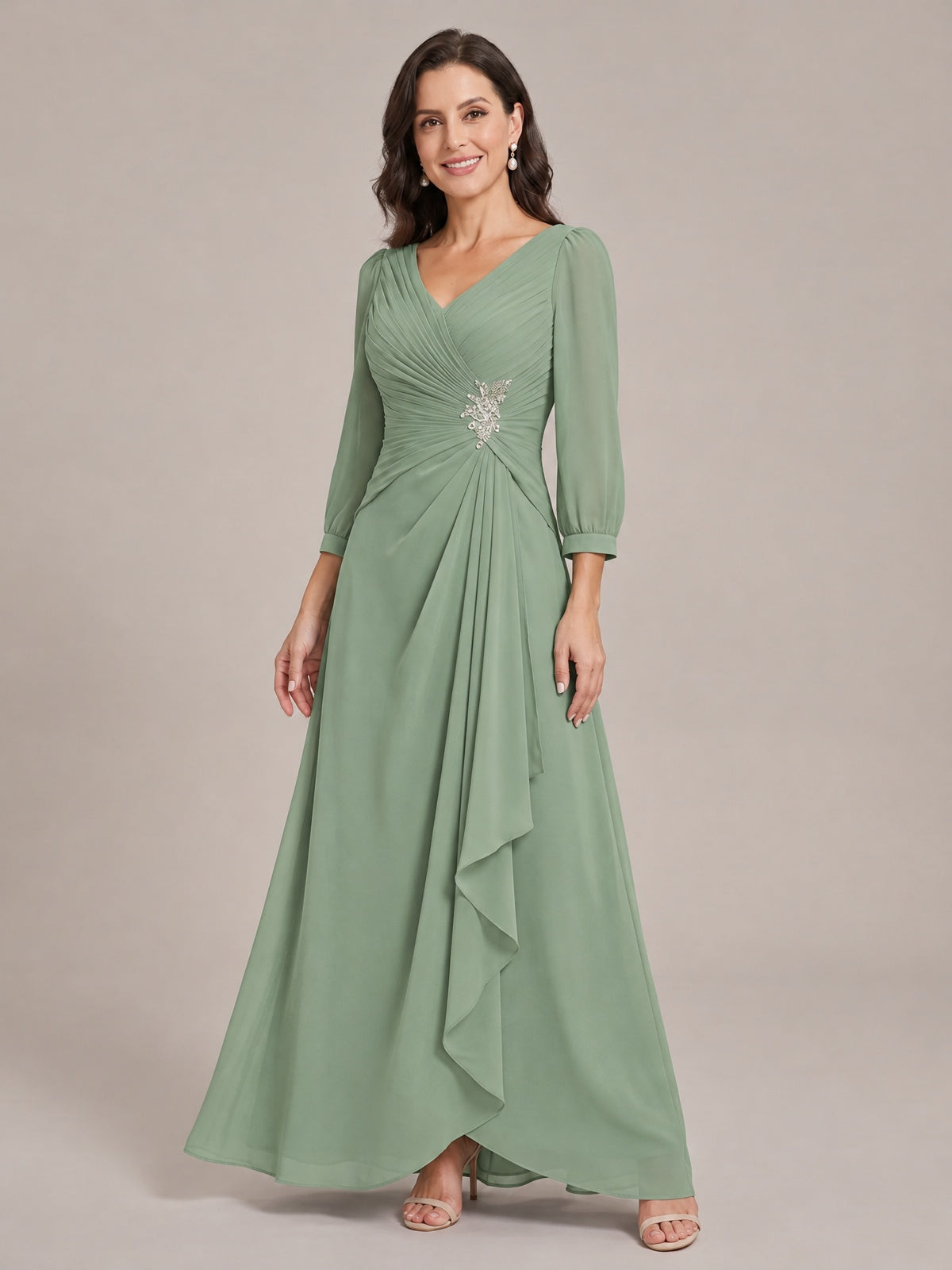 V-Neck Pleated Chiffon Mother of the Bride Dress with Flutter Sleeves