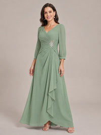 V-Neck Pleated Chiffon Mother of the Bride Dress with Flutter Sleeves