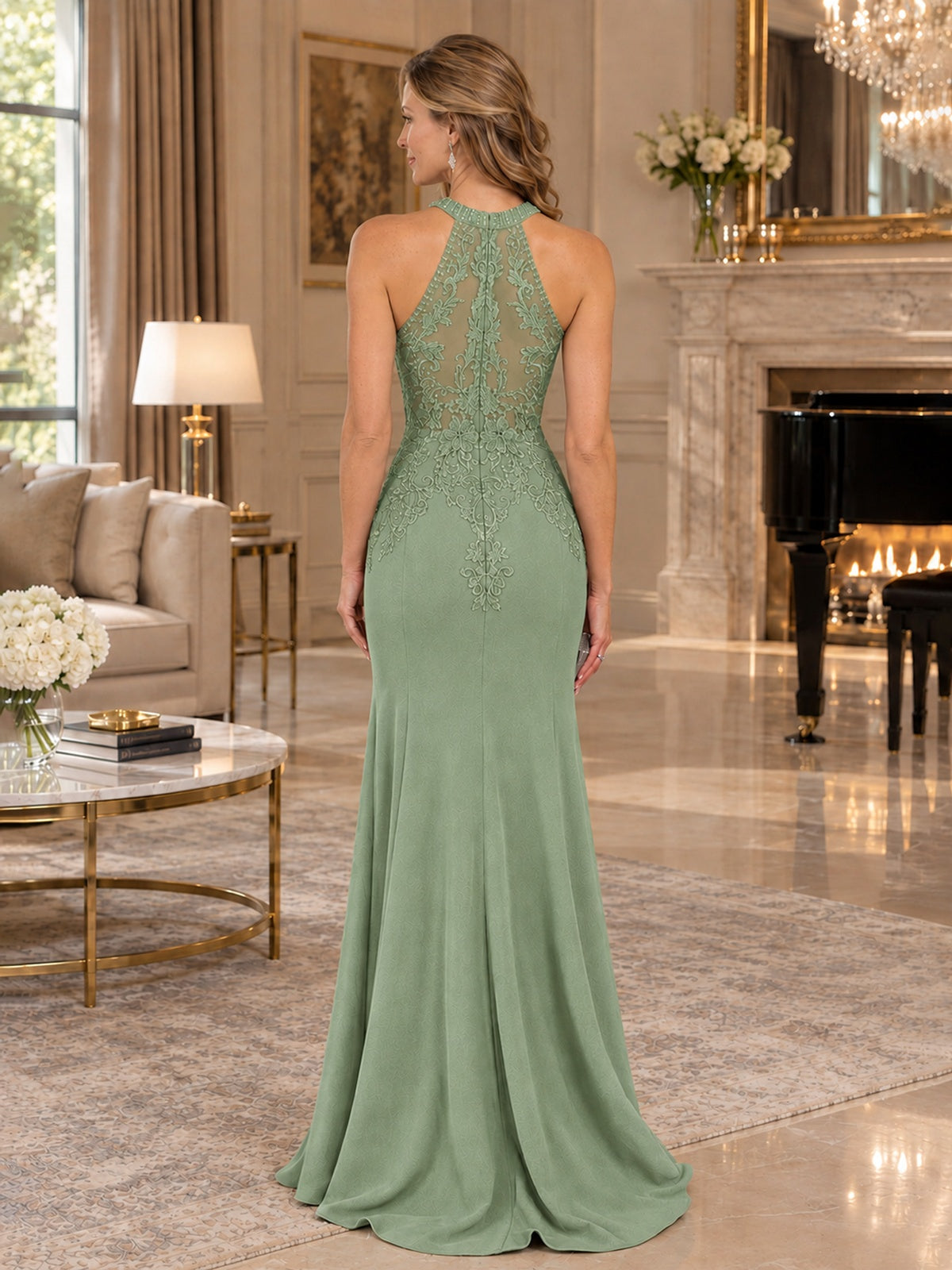 Halter Neckline Lace Appliques Mother of The Bride Dresses