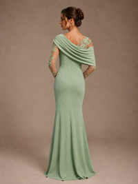 Dusty Rose Illusion Long Sleeve Chiffon Applique Mother of The Bride Dress