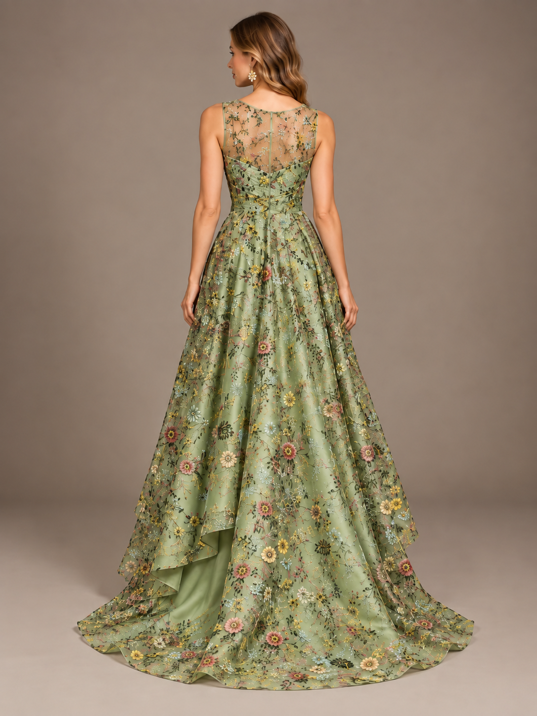 Sage green floral A-line gown with sheer back and elegant train