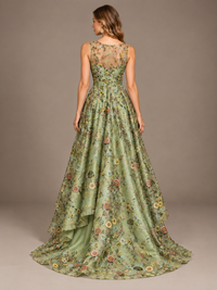 Sage green floral A-line gown with sheer back and elegant train