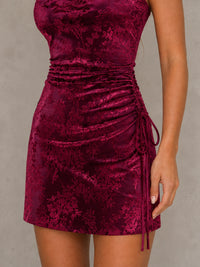 Hot Pink Floral Satin Homecoming Mini Dress with Ruched Side Tie