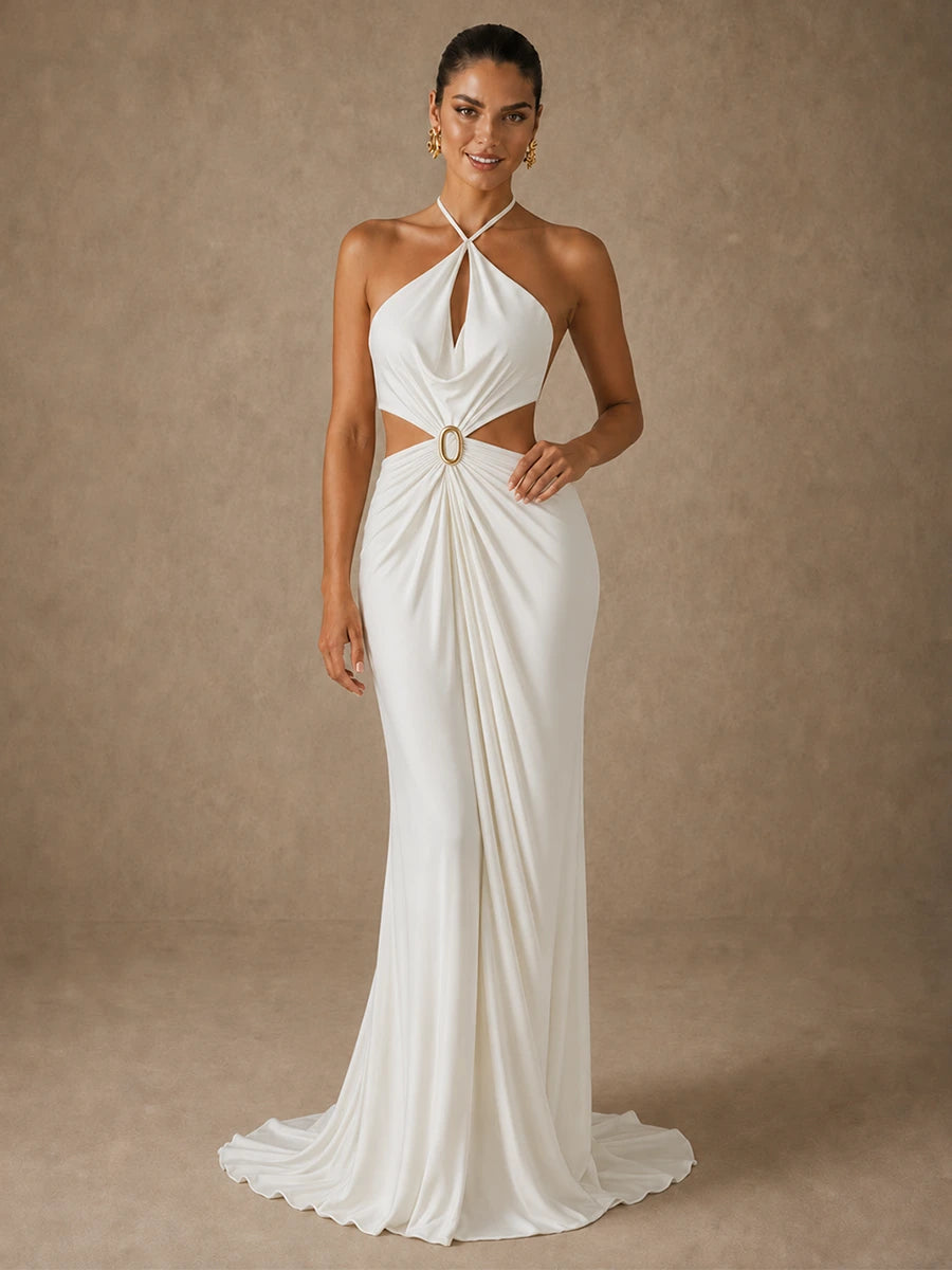 Jovellee Selene ivory chiffon halter maxi dress with waist cutouts and gathered draping shown in motion