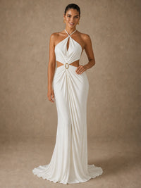Jovellee Selene ivory chiffon halter maxi dress with waist cutouts and gathered draping shown in motion